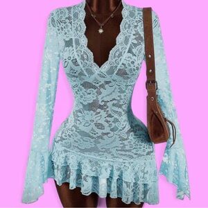 Light blue Y2k lace boho mini dress